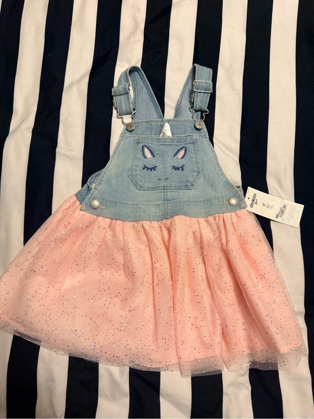OshKosh B'gosh Light Blue Denim Unicorn Overall Dress with Pink Tulle Skirt